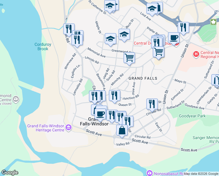 map of restaurants, bars, coffee shops, grocery stores, and more near 11 Monchy Road in Grand Falls-Windsor