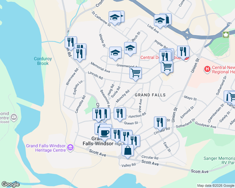 map of restaurants, bars, coffee shops, grocery stores, and more near 11 Monchy Road in Grand Falls-Windsor