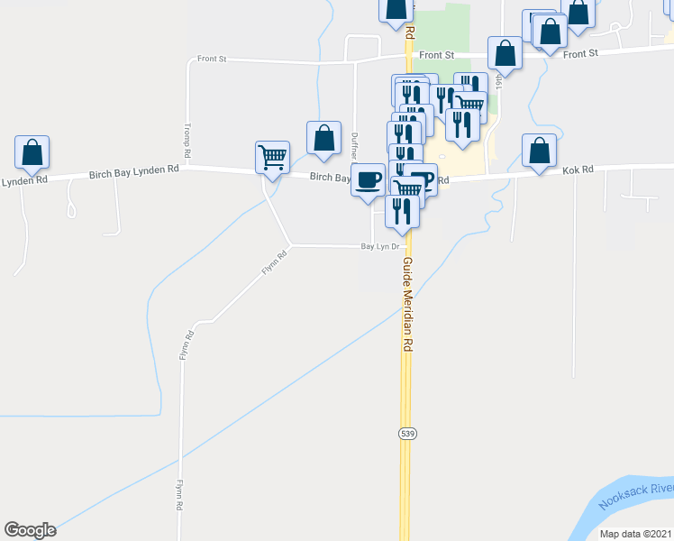 map of restaurants, bars, coffee shops, grocery stores, and more near 167 Bay Lyn Drive in Lynden