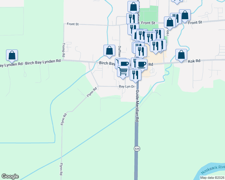 map of restaurants, bars, coffee shops, grocery stores, and more near 167 Bay Lyn Drive in Lynden