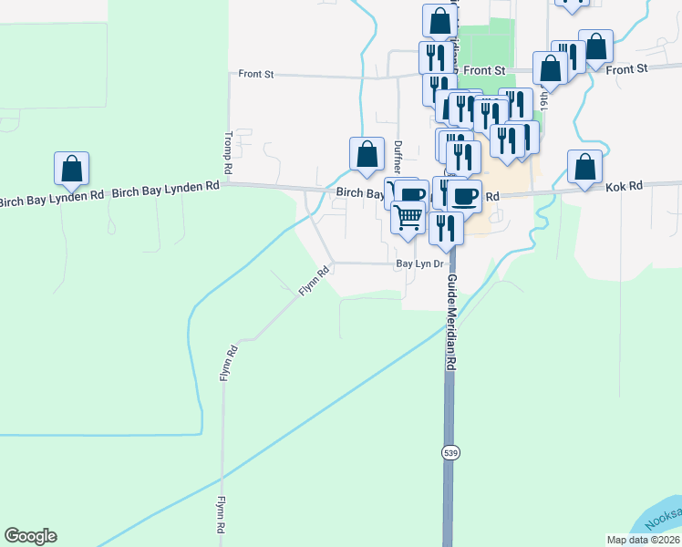 map of restaurants, bars, coffee shops, grocery stores, and more near 189 Bay Lyn Drive in Lynden