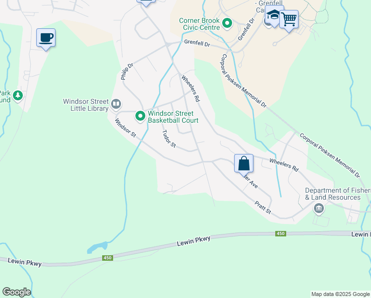 map of restaurants, bars, coffee shops, grocery stores, and more near 10 Tudor Street in Corner Brook