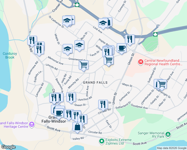 map of restaurants, bars, coffee shops, grocery stores, and more near 97 Lincoln Road in Grand Falls-Windsor