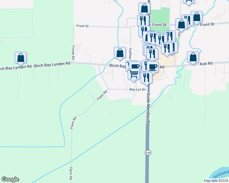 map of restaurants, bars, coffee shops, grocery stores, and more near 189 Bay Lyn Drive in Lynden