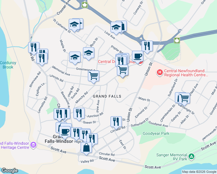 map of restaurants, bars, coffee shops, grocery stores, and more near 97 Lincoln Road in Grand Falls-Windsor