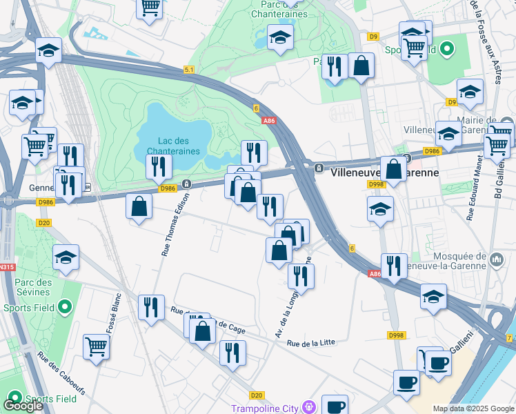 map of restaurants, bars, coffee shops, grocery stores, and more near 112 Avenue du Général de Gaulle in Gennevilliers