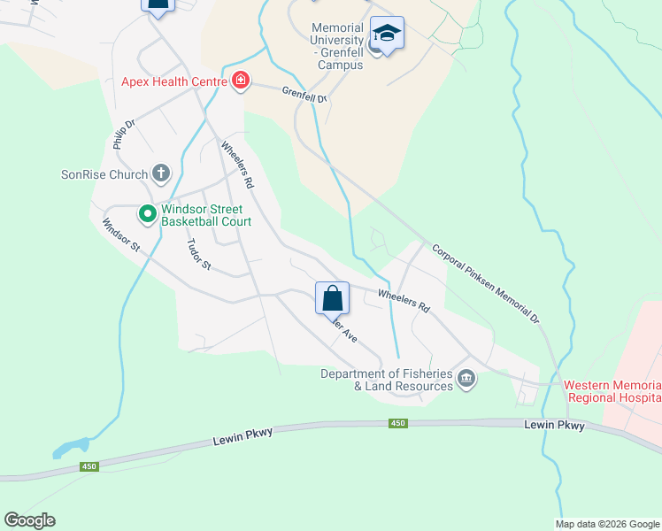 map of restaurants, bars, coffee shops, grocery stores, and more near 65 Wheelers Road in Corner Brook