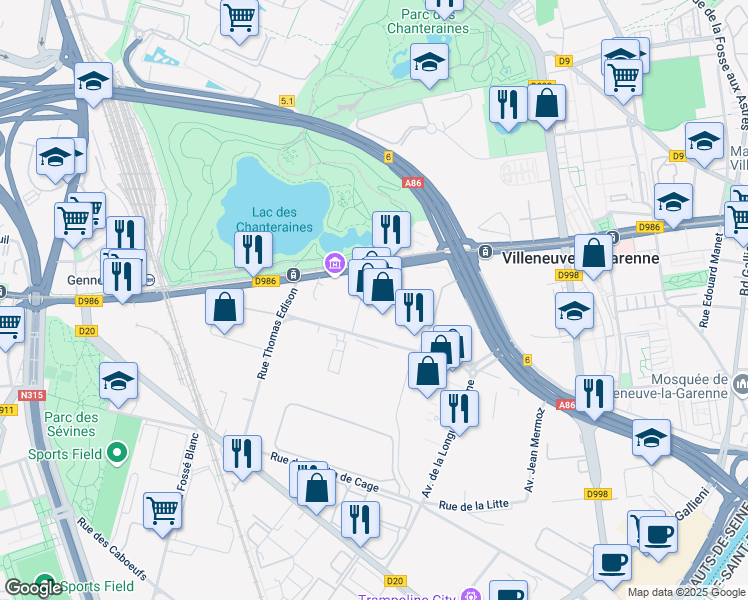 map of restaurants, bars, coffee shops, grocery stores, and more near 112 Avenue du Général de Gaulle in Gennevilliers
