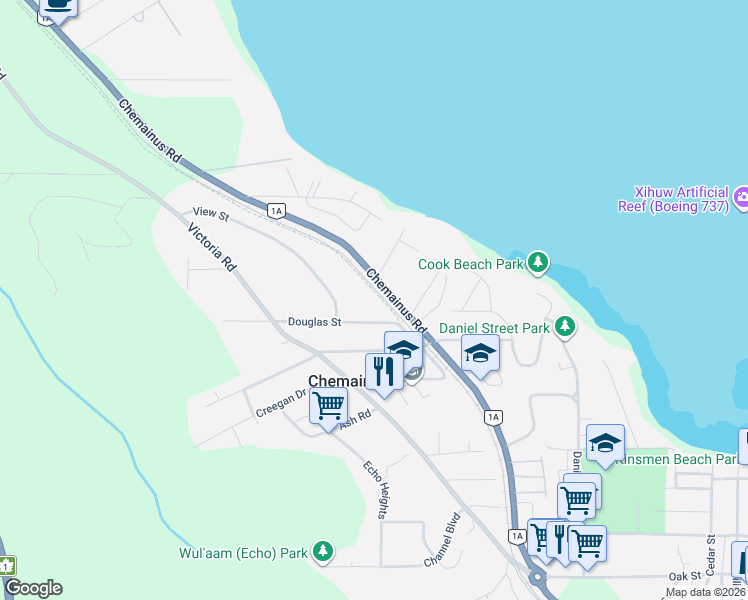 map of restaurants, bars, coffee shops, grocery stores, and more near Douglas Street in Chemainus
