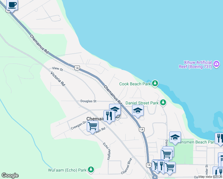 map of restaurants, bars, coffee shops, grocery stores, and more near 3169 Douglas Street in Chemainus