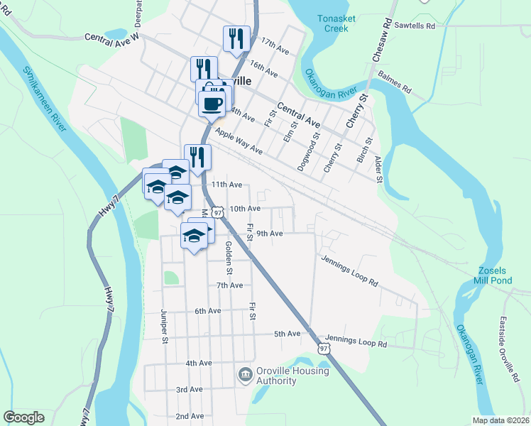 map of restaurants, bars, coffee shops, grocery stores, and more near 516 11th Avenue in Oroville