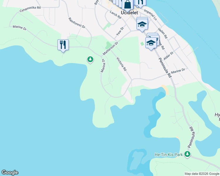 map of restaurants, bars, coffee shops, grocery stores, and more near 515 Marine Drive in Ucluelet