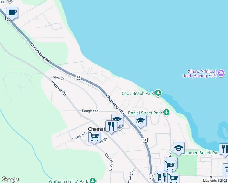 map of restaurants, bars, coffee shops, grocery stores, and more near 3192 Malcolm Road in Chemainus