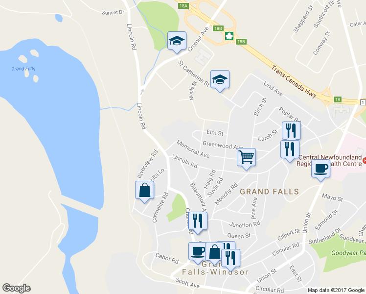 map of restaurants, bars, coffee shops, grocery stores, and more near 4 Memorial Avenue in Grand Falls-Windsor