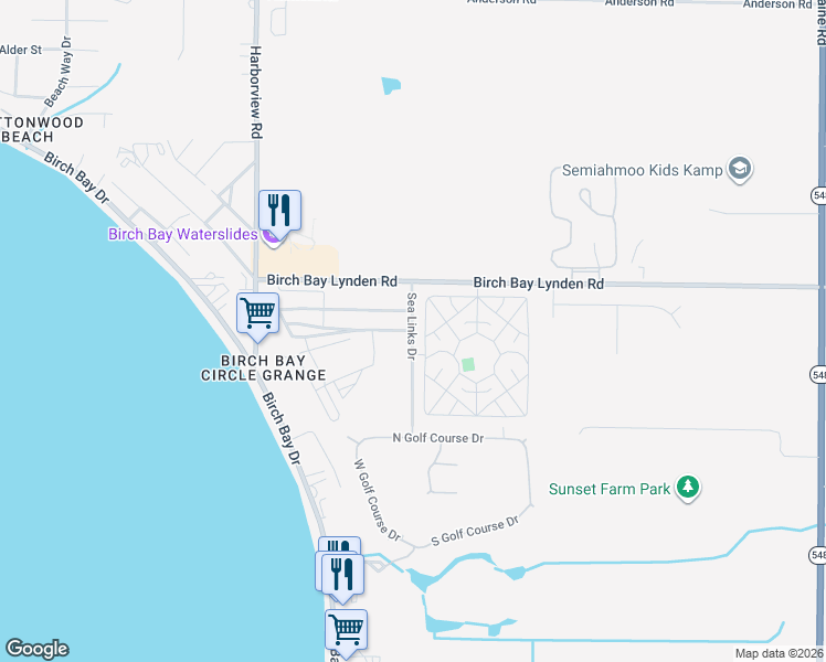 map of restaurants, bars, coffee shops, grocery stores, and more near Sea Links Drive in Blaine