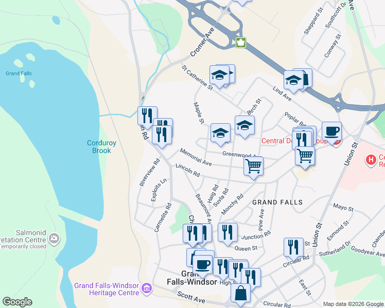 map of restaurants, bars, coffee shops, grocery stores, and more near 4 Memorial Avenue in Grand Falls-Windsor