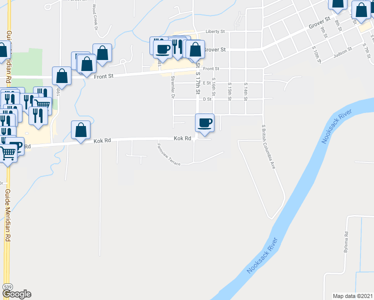 map of restaurants, bars, coffee shops, grocery stores, and more near 1705 Kok Rd in Lynden