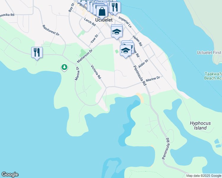 map of restaurants, bars, coffee shops, grocery stores, and more near 392 Marine Drive in Ucluelet