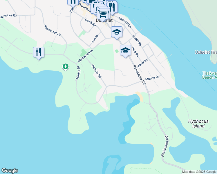 map of restaurants, bars, coffee shops, grocery stores, and more near 392 Marine Drive in Ucluelet