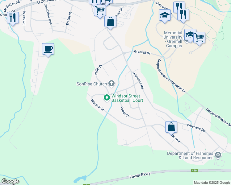 map of restaurants, bars, coffee shops, grocery stores, and more near Windsor Street in Corner Brook