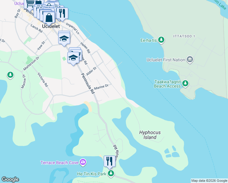 map of restaurants, bars, coffee shops, grocery stores, and more near 206 Marine Drive in Ucluelet
