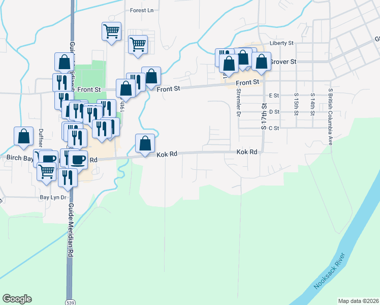 map of restaurants, bars, coffee shops, grocery stores, and more near 1758 Kok Road in Lynden