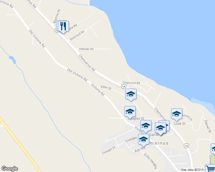 map of restaurants, bars, coffee shops, grocery stores, and more near 10189 View Street in Chemainus