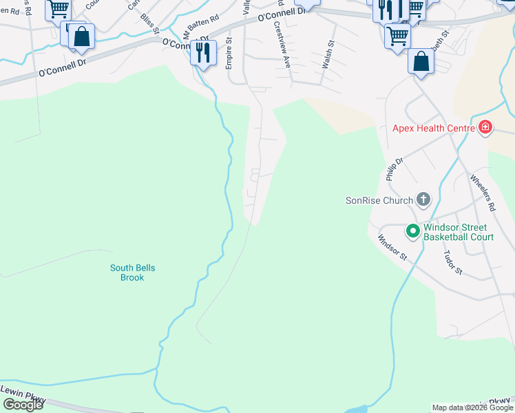 map of restaurants, bars, coffee shops, grocery stores, and more near 121 Bayview Heights in Corner Brook