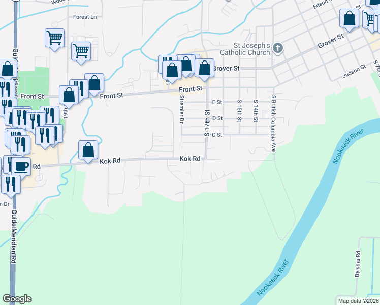 map of restaurants, bars, coffee shops, grocery stores, and more near 1726 Kok Road in Lynden