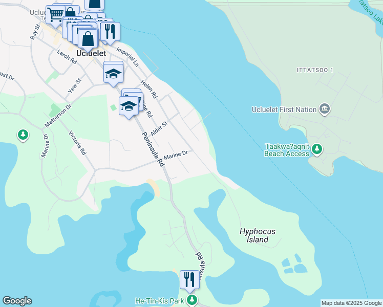 map of restaurants, bars, coffee shops, grocery stores, and more near 206 Marine Drive in Ucluelet