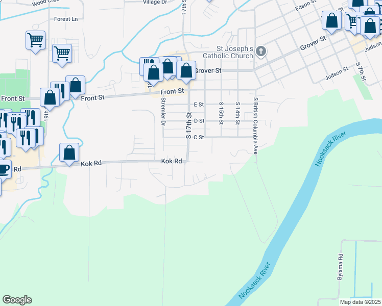 map of restaurants, bars, coffee shops, grocery stores, and more near 411 South 17th Street in Lynden