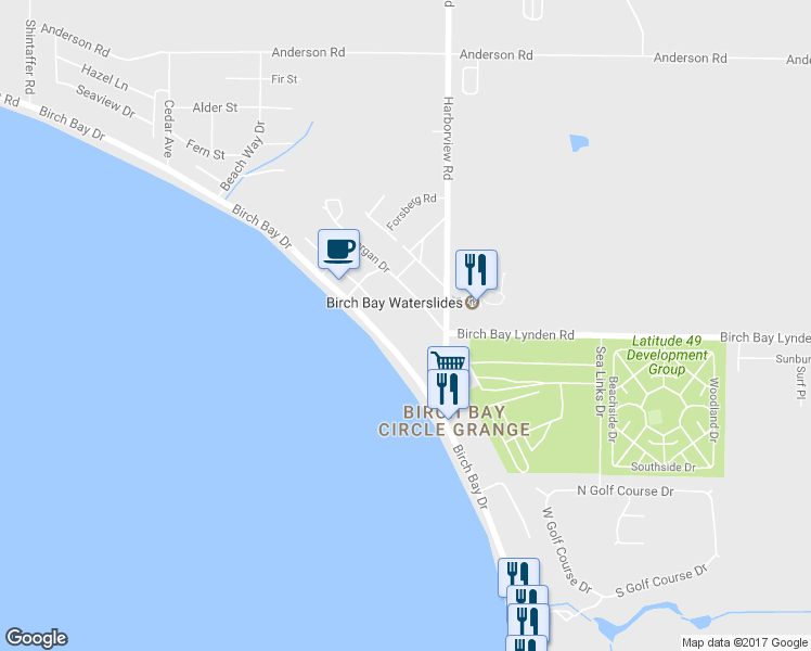 map of restaurants, bars, coffee shops, grocery stores, and more near 8100 Birch Bay Drive in Blaine