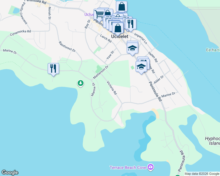 map of restaurants, bars, coffee shops, grocery stores, and more near 1293-1351 Victoria Road in Ucluelet