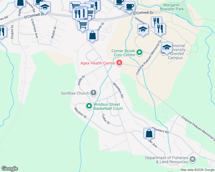 map of restaurants, bars, coffee shops, grocery stores, and more near 7 Kent Place in Corner Brook