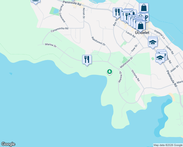 map of restaurants, bars, coffee shops, grocery stores, and more near 596 Marine Drive in Ucluelet