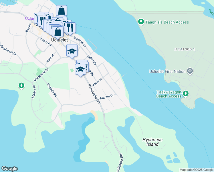 map of restaurants, bars, coffee shops, grocery stores, and more near 1246 Helen Road in Ucluelet