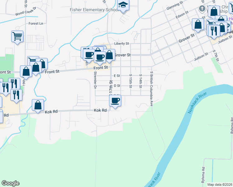 map of restaurants, bars, coffee shops, grocery stores, and more near 307 South 17th Street in Lynden
