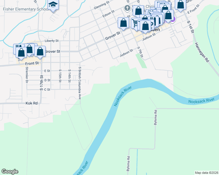 map of restaurants, bars, coffee shops, grocery stores, and more near 300 Main Street in Lynden