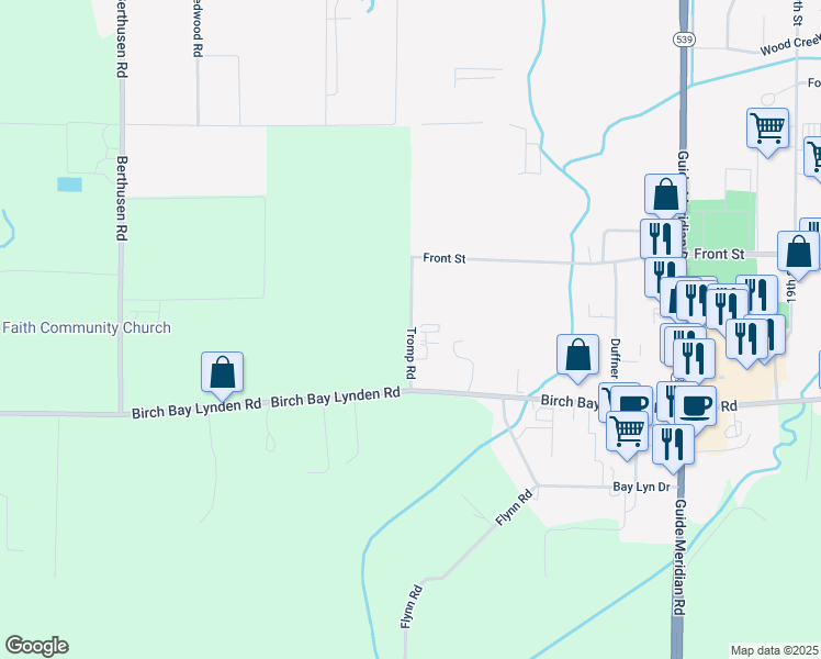 map of restaurants, bars, coffee shops, grocery stores, and more near Tromp Road in Lynden