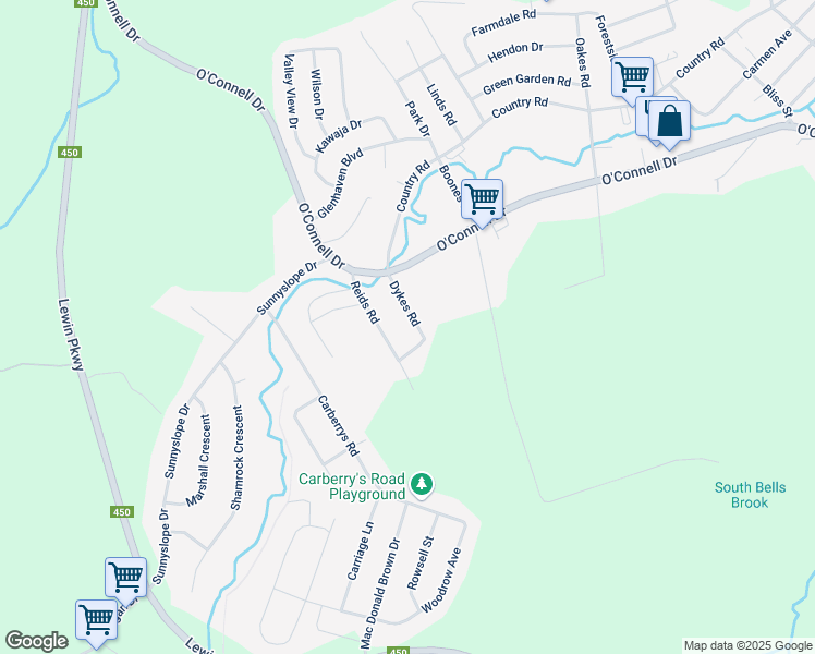 map of restaurants, bars, coffee shops, grocery stores, and more near 20 Dykes Road in Corner Brook