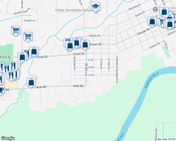map of restaurants, bars, coffee shops, grocery stores, and more near 307 South 17th Street in Lynden