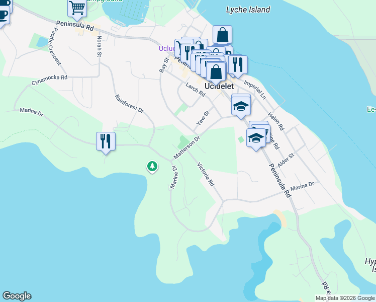 map of restaurants, bars, coffee shops, grocery stores, and more near 1351 Victoria Road in Ucluelet