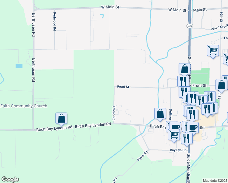map of restaurants, bars, coffee shops, grocery stores, and more near Tromp Road in Lynden