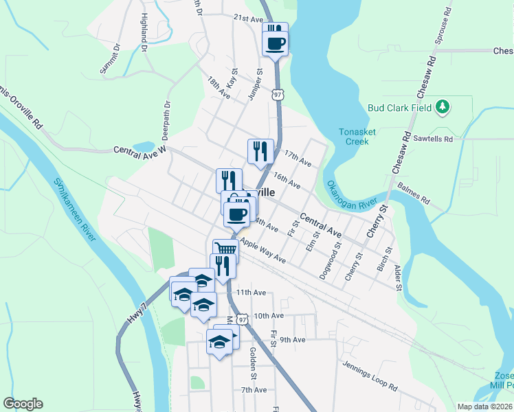 map of restaurants, bars, coffee shops, grocery stores, and more near 704 Central Avenue in Oroville