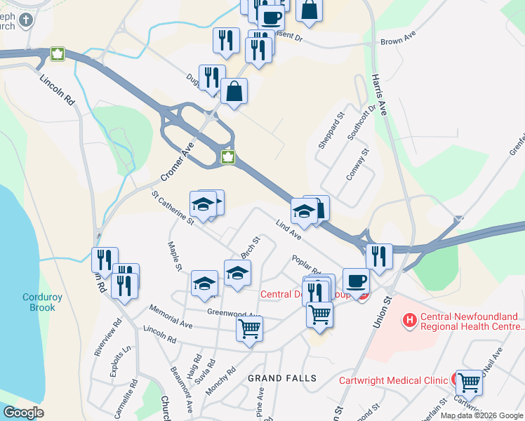 map of restaurants, bars, coffee shops, grocery stores, and more near 3 Lind Avenue in Grand Falls-Windsor