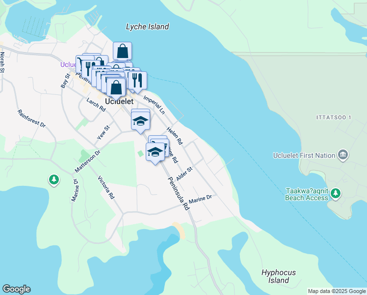 map of restaurants, bars, coffee shops, grocery stores, and more near 1350 Helen Road in Ucluelet