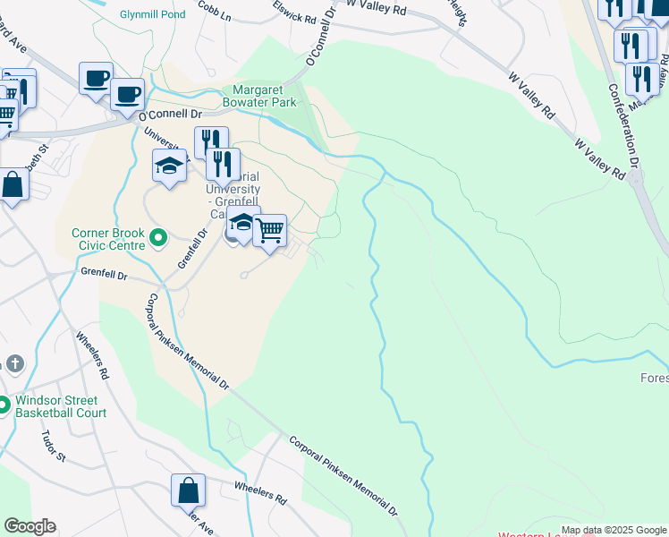 map of restaurants, bars, coffee shops, grocery stores, and more near 18 University Drive in Corner Brook