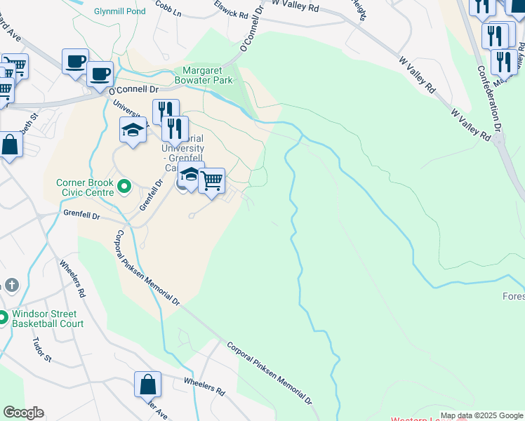 map of restaurants, bars, coffee shops, grocery stores, and more near 18 University Drive in Corner Brook