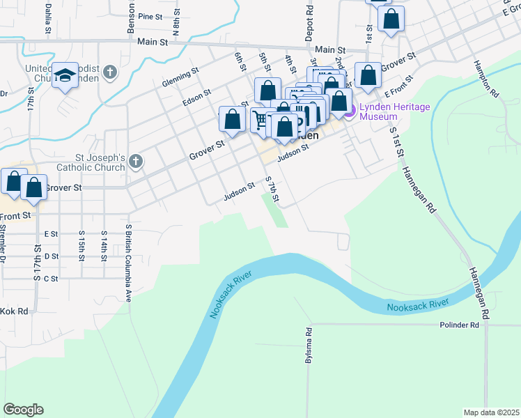 map of restaurants, bars, coffee shops, grocery stores, and more near 703 Judson Street in Lynden