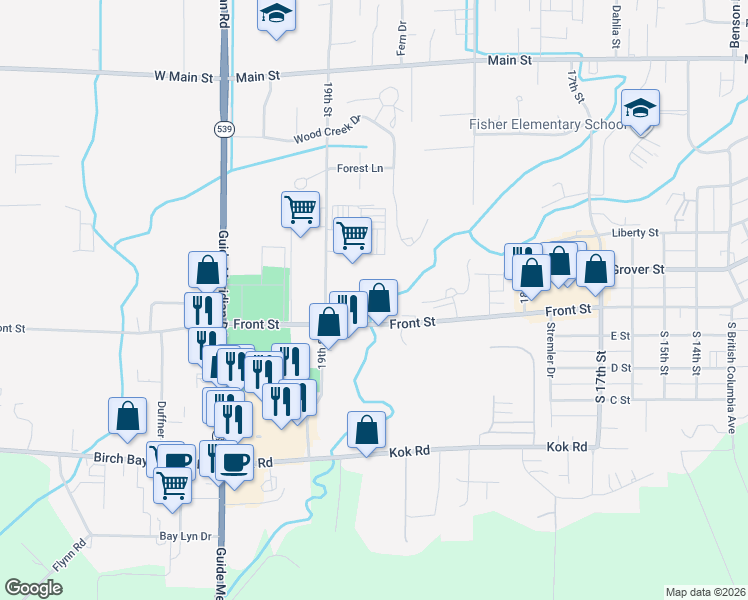 map of restaurants, bars, coffee shops, grocery stores, and more near 1882 Front Street in Lynden